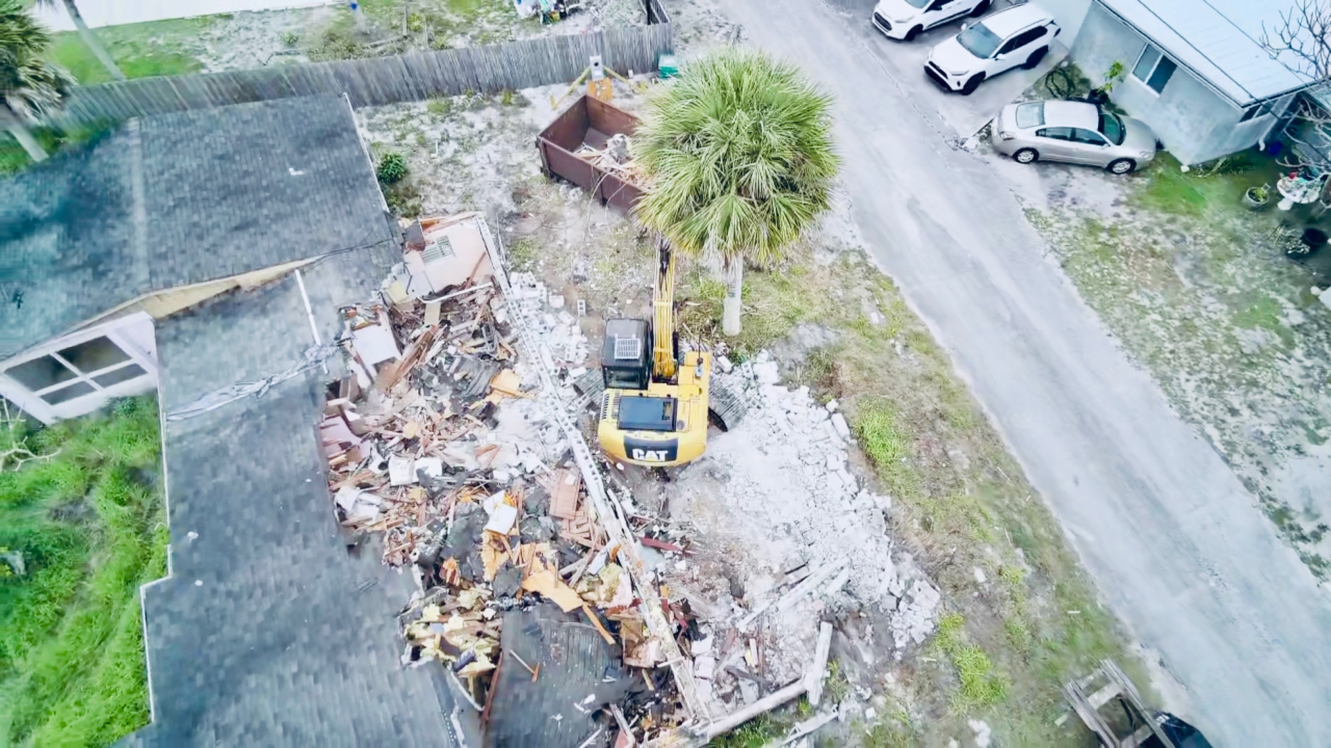 Aerial view of single family home demolition in Palm City, Martin County FL