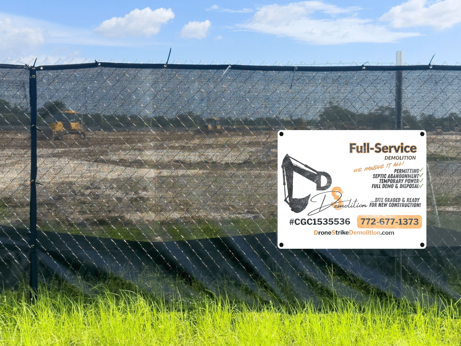 DS Demolition full-service job site banner on chain-link fence at a residential demolition project in Martin County, FL